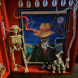 Papa Legba Red Shadow Box Altar with Skeleton and Artwork